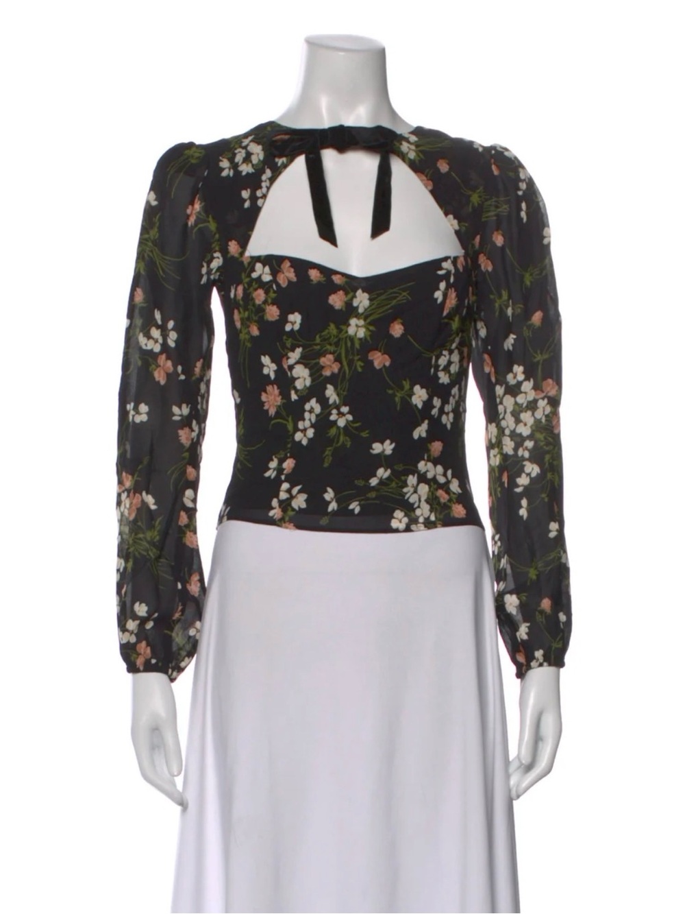 Reformation Black Floral Keyhole Long-Sleeve Top